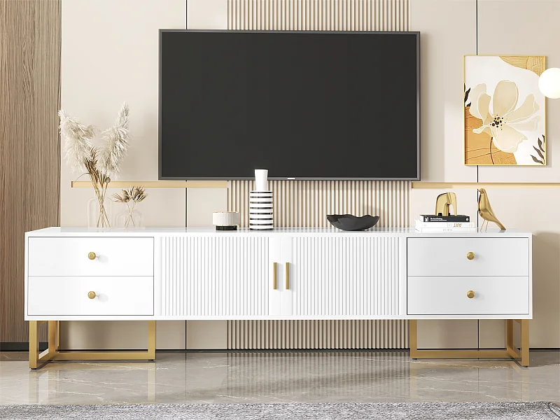 Meuble TV 175 cm - 2 portes texturés et 4 tiroirs - en MDF - Blanc