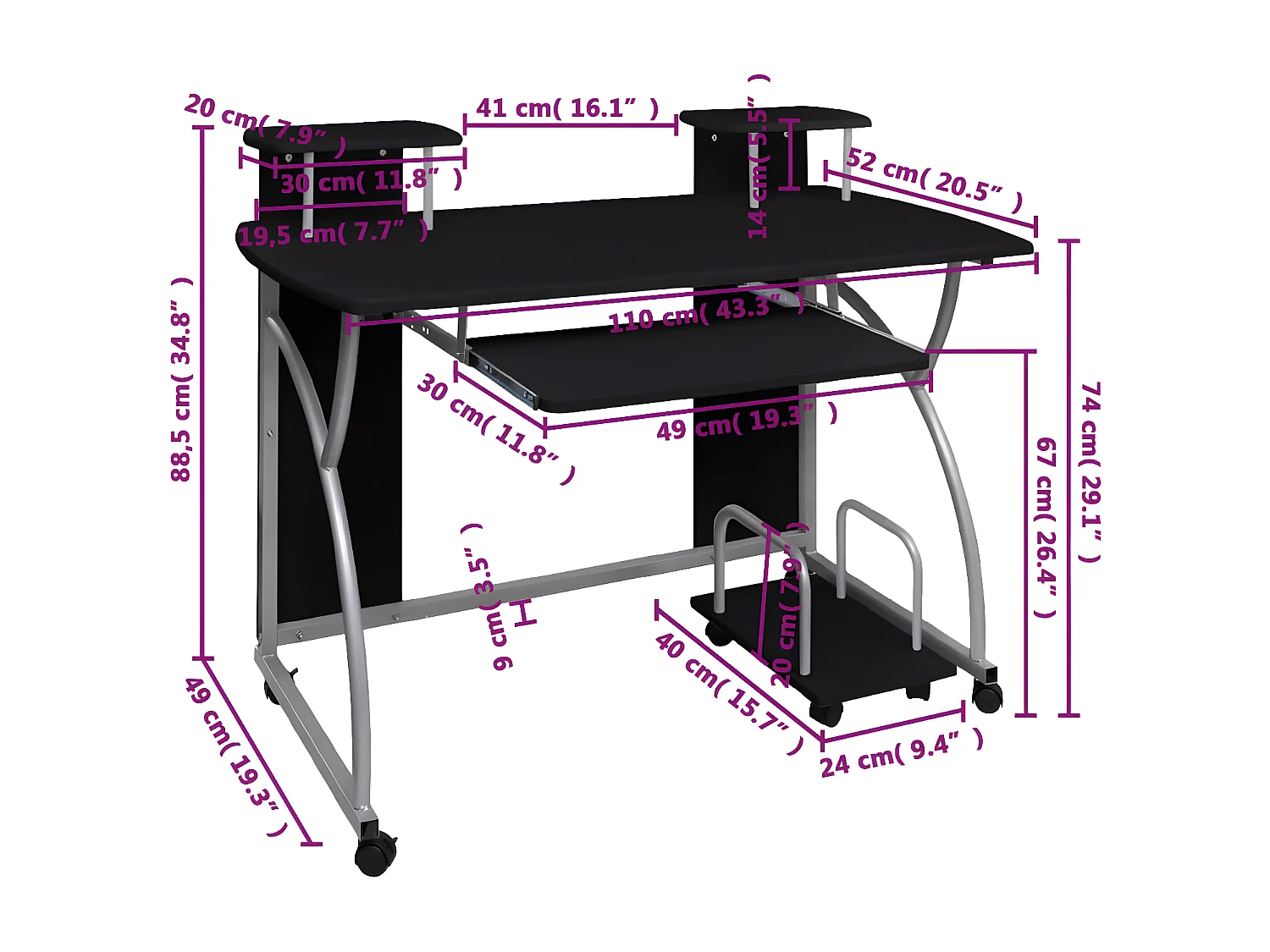 Computerbureau 110x52x88,5 cm bewerkt hout zwart
