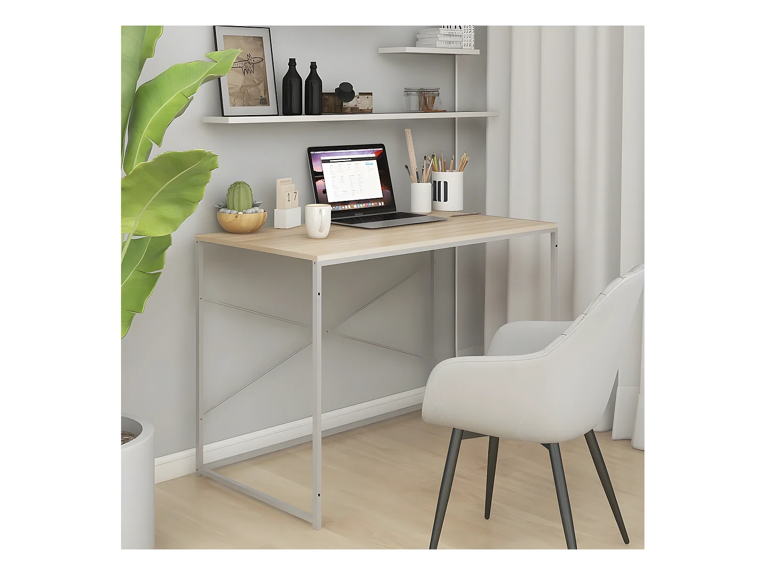 Bureau d'ordinateur Blanc et chêne 110x60x70 cm Aggloméré