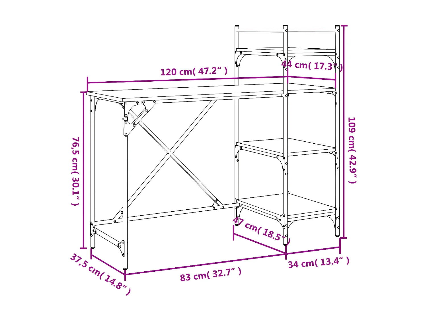 Bureau d'ordinateur avec étagères chêne fumé 120x47x109 cm