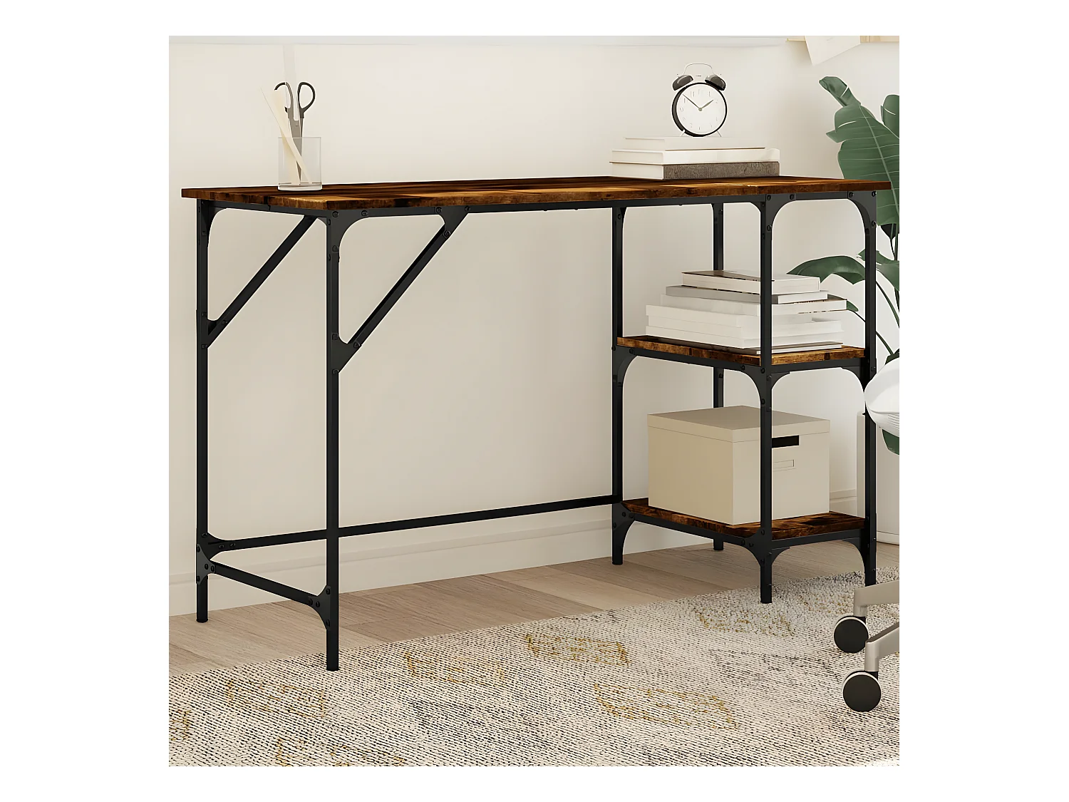 Bureau chêne fumé 120x50x75 cm métal et bois d'ingénierie