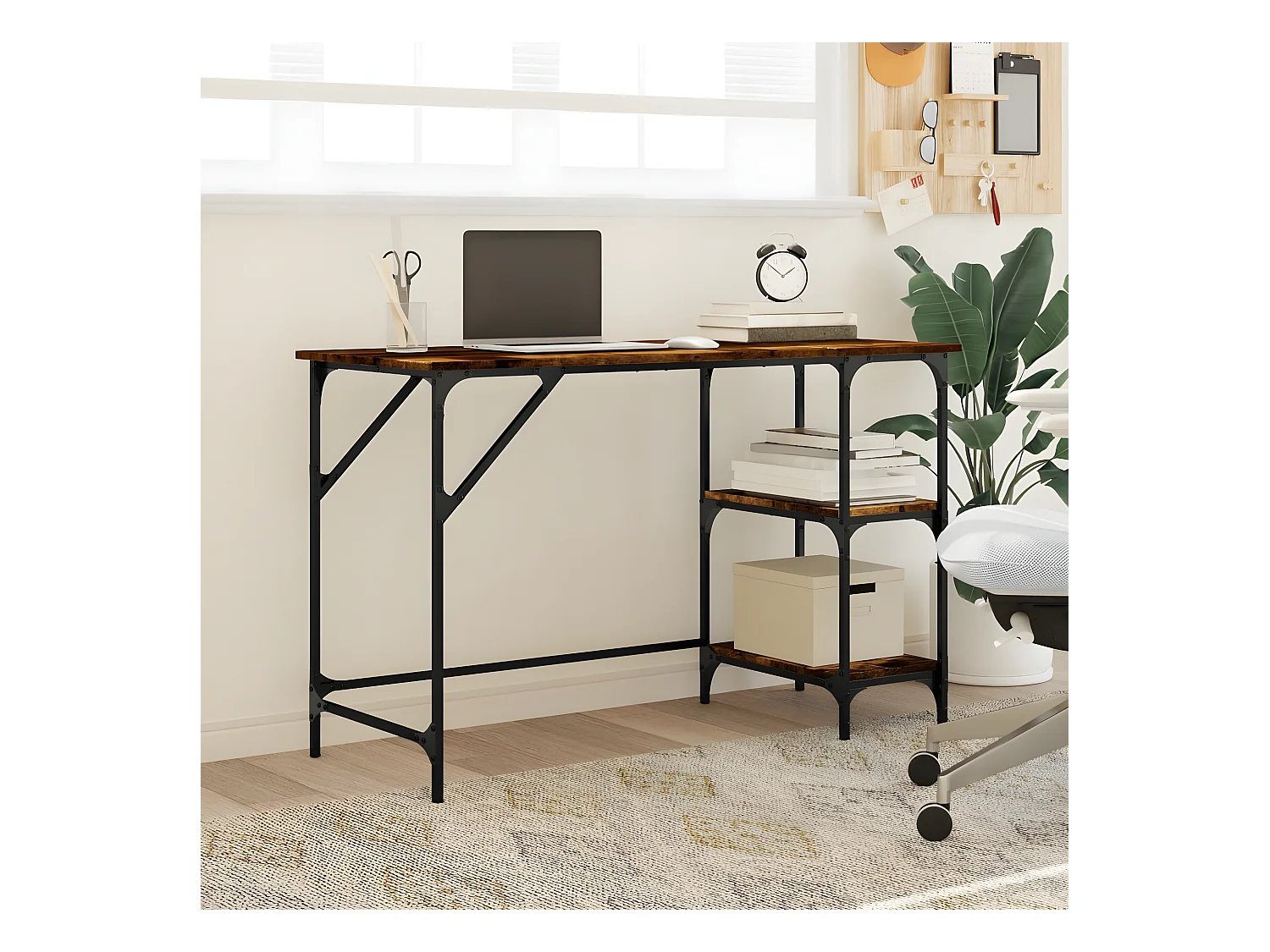 Bureau chêne fumé 120x50x75 cm métal et bois d'ingénierie