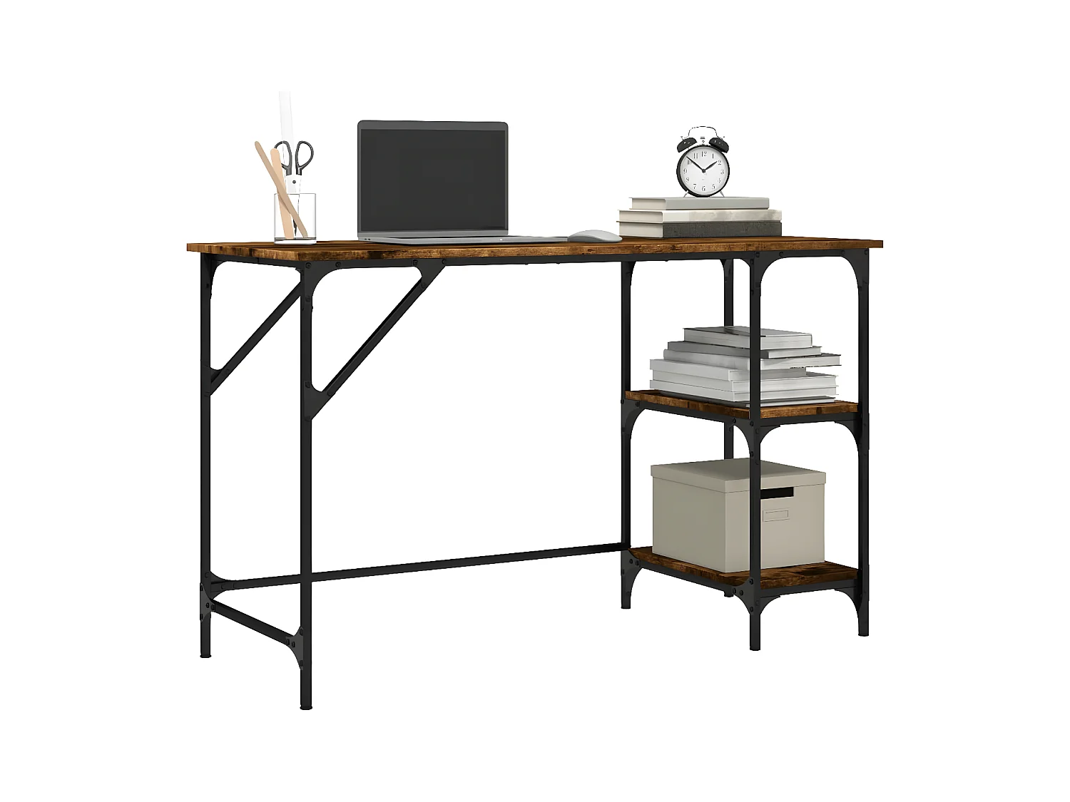 Bureau chêne fumé 120x50x75 cm métal et bois d'ingénierie