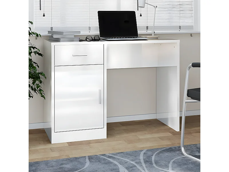 Bureau avec tiroir et armoire Blanc brillant 100x40x73 cm
