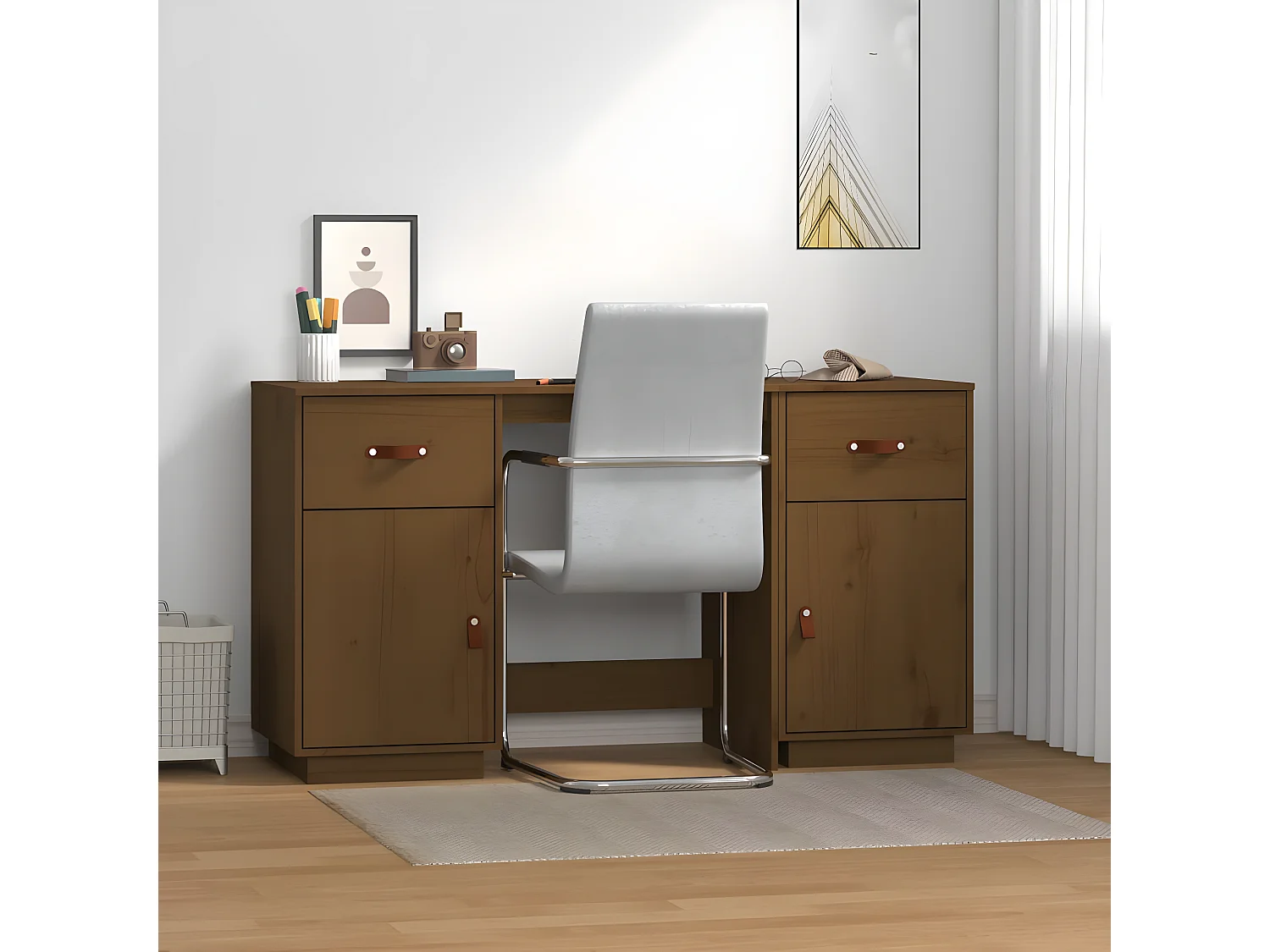 Secretária com armários 135x50x75 cm pinho maciço castanho mel