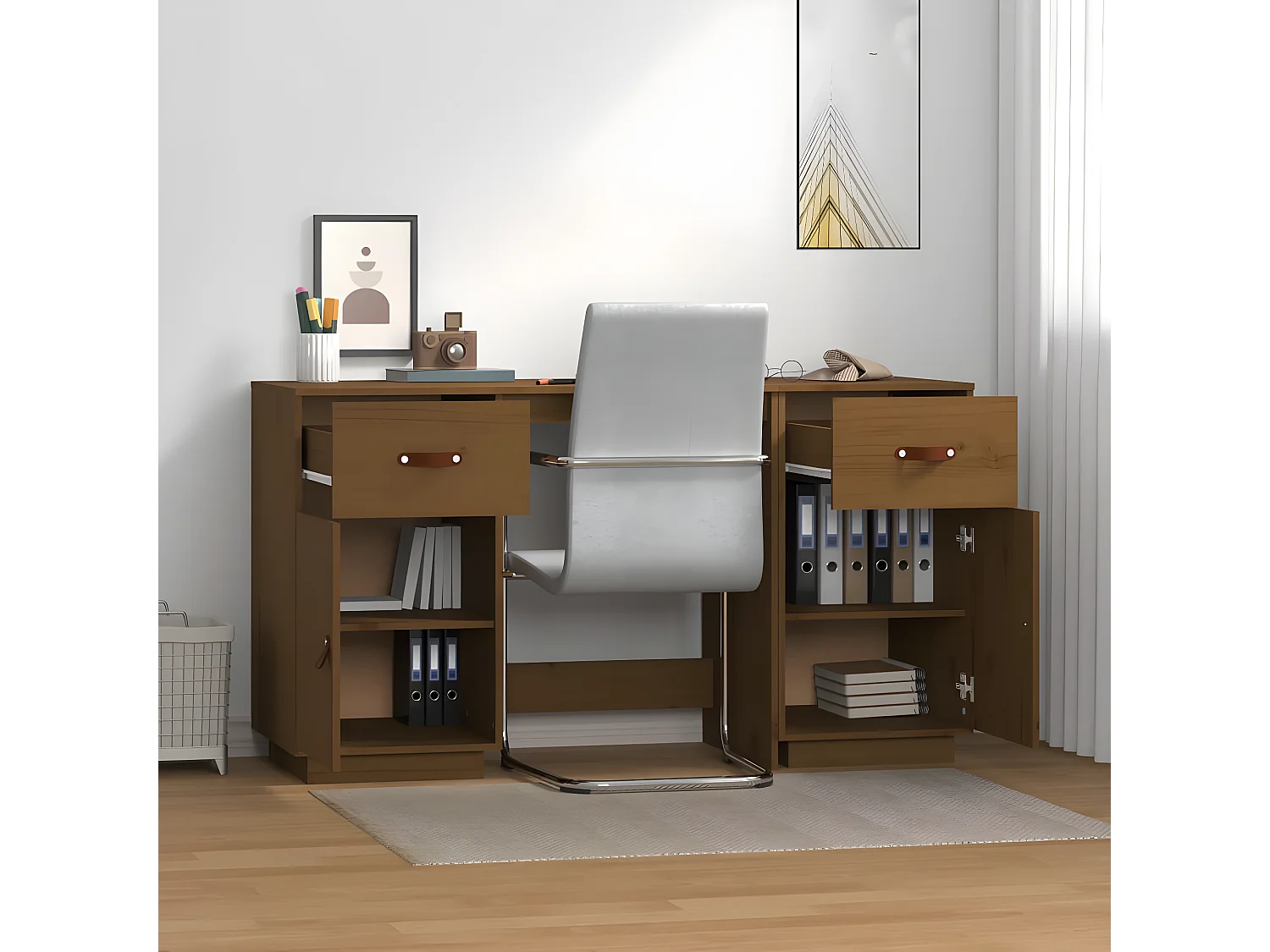 Secretária com armários 135x50x75 cm pinho maciço castanho mel