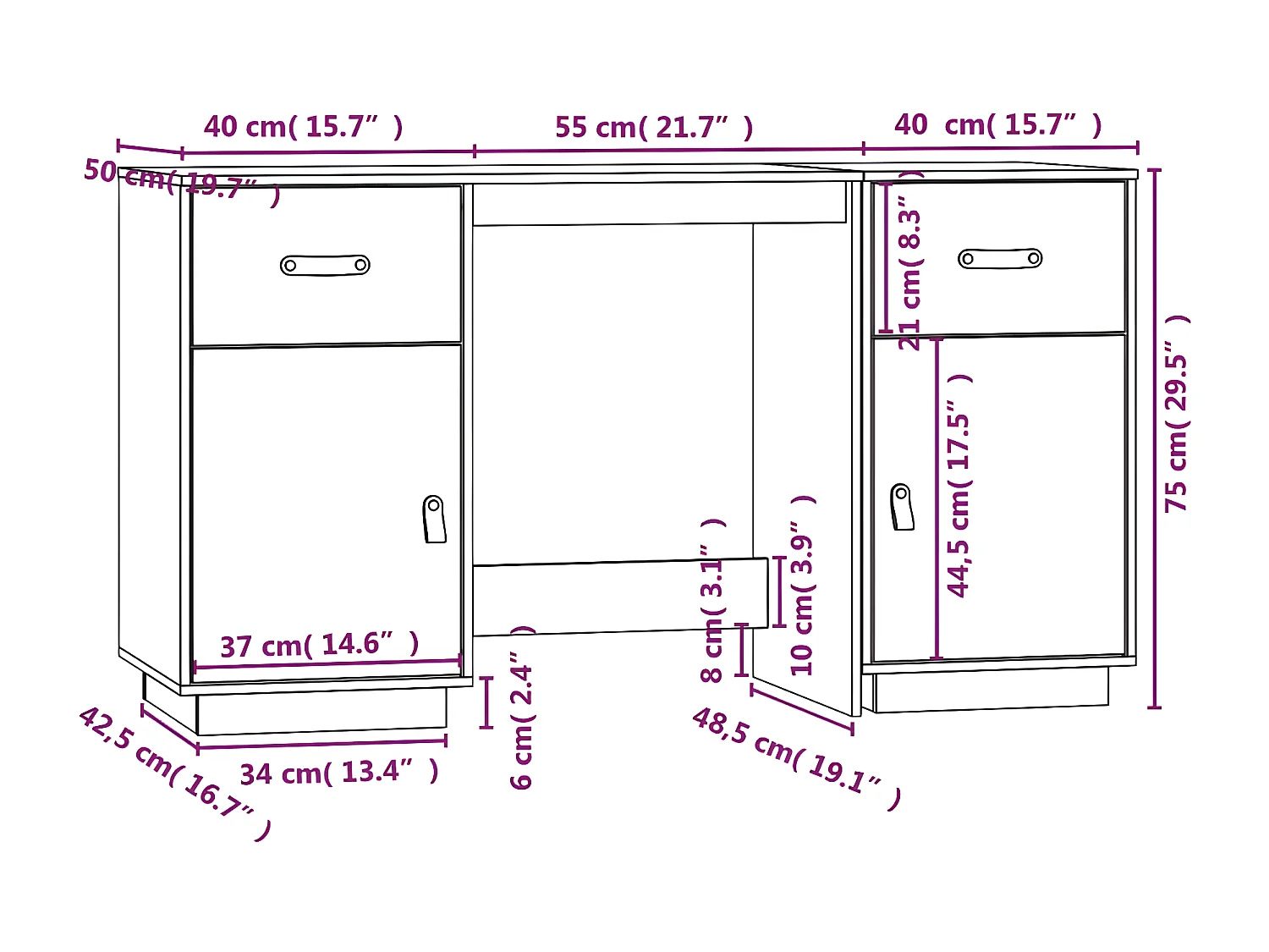 Secretária com armários 135x50x75 cm pinho maciço castanho mel