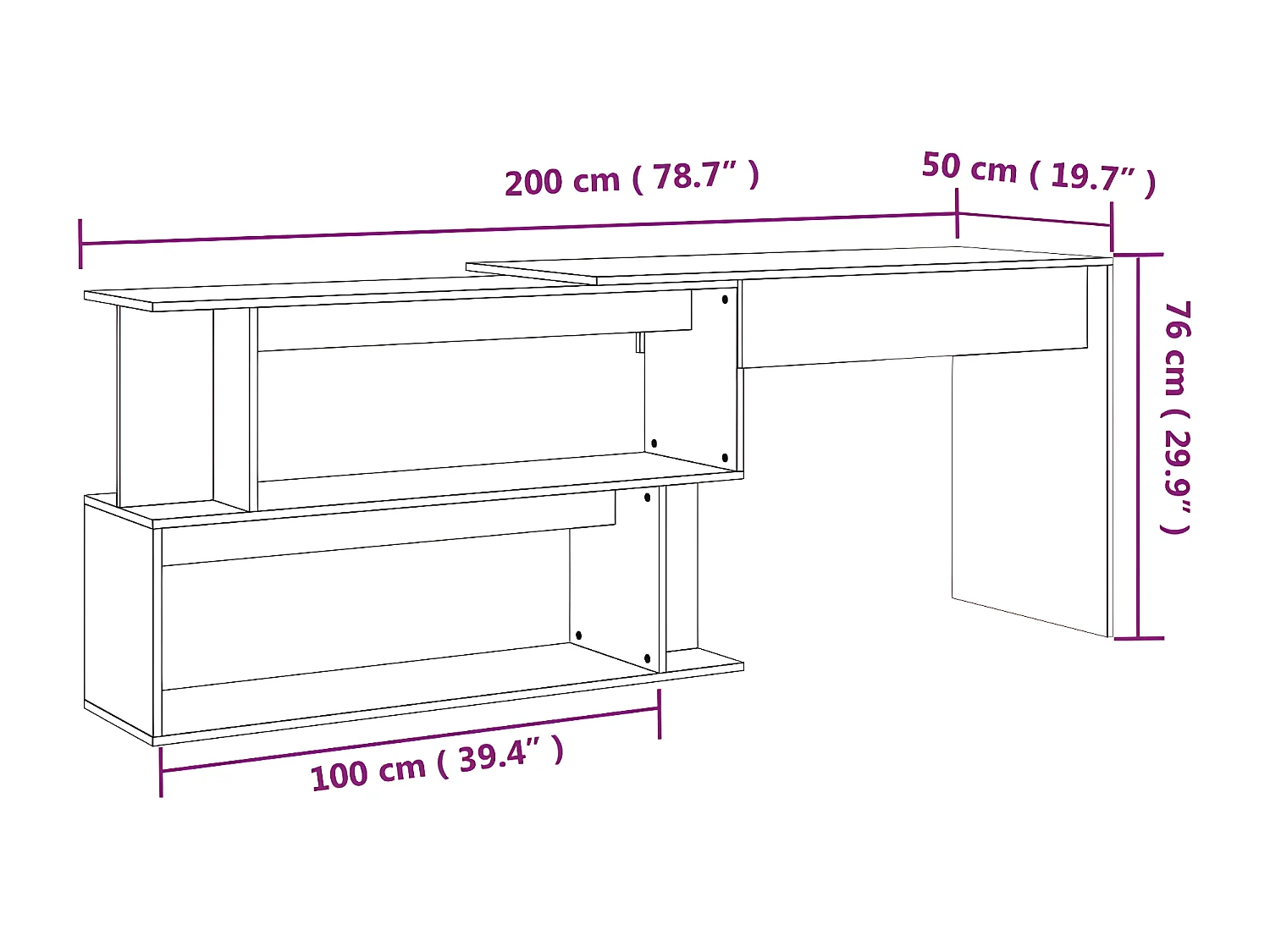 Hoekbureau 200x50x76 cm bewerkt hout gerookt eikenkleur
