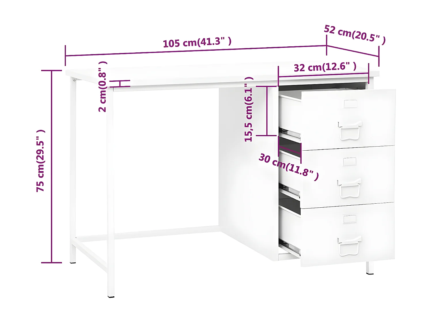 Bureau industrieel met lades 105x52x75 cm staal wit