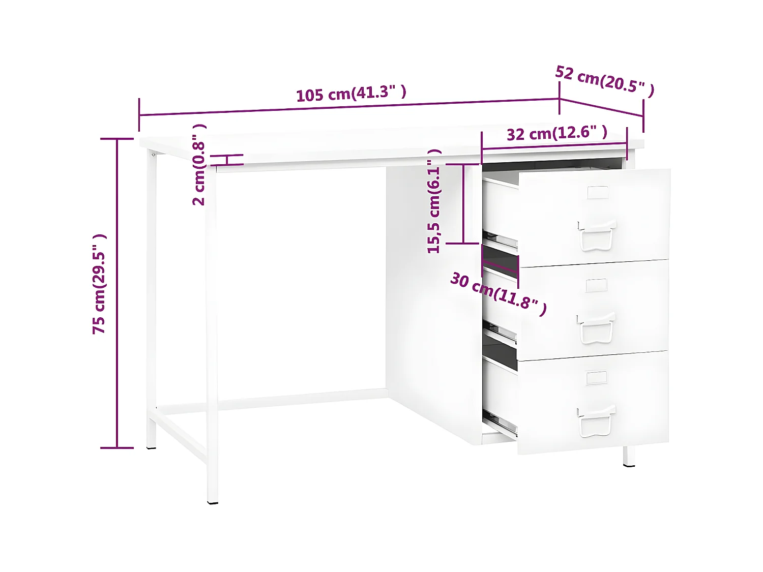 Bureau industriel avec tiroirs Blanc 105x52x75 cm Acier