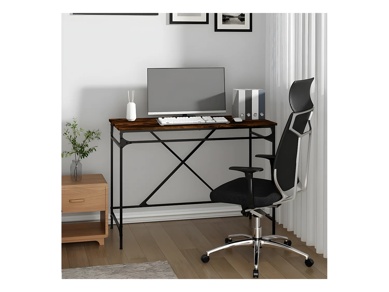 Bureau chêne fumé 100x50x75 cm bois d'ingénierie et fer