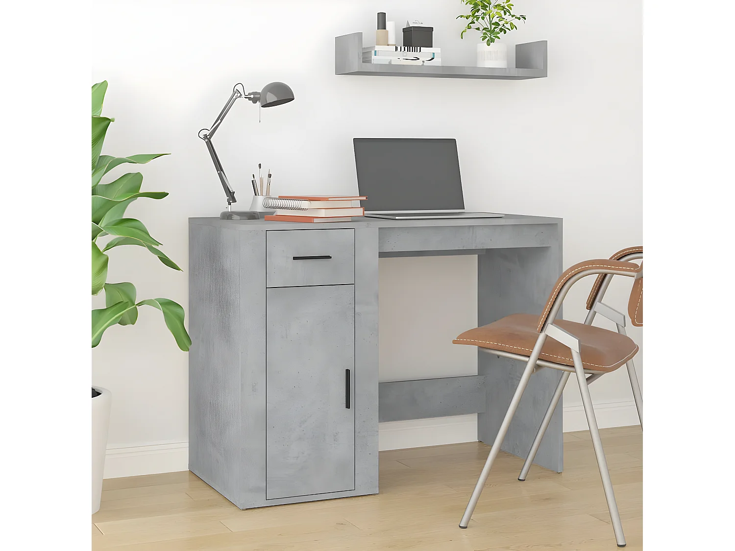 Bureau avec armoire gris béton bois d'ingénierie