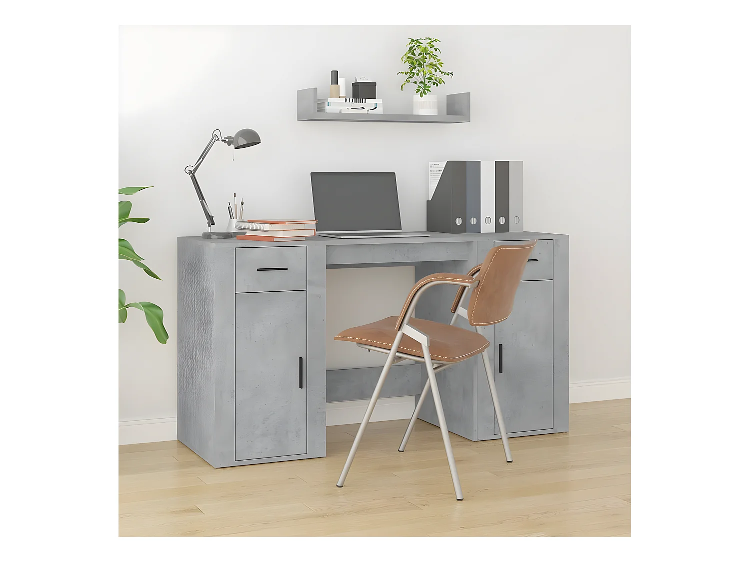 Bureau avec armoire gris béton bois d'ingénierie