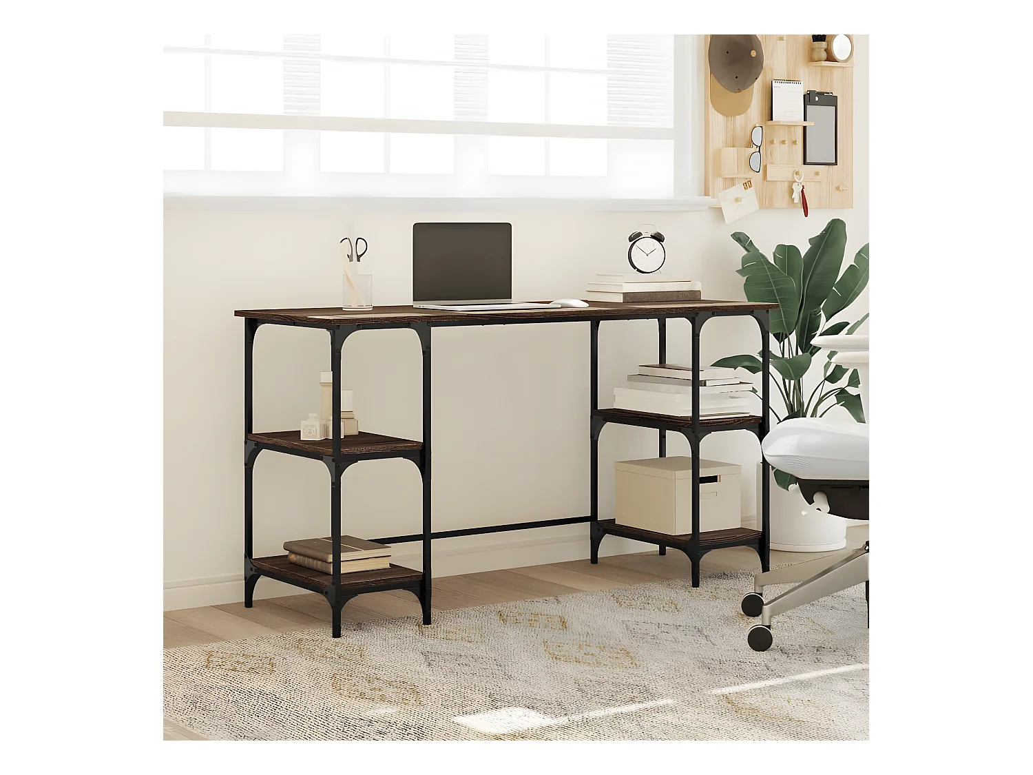 Bureau chêne marron 140x50x75 cm métal et bois d'ingénierie