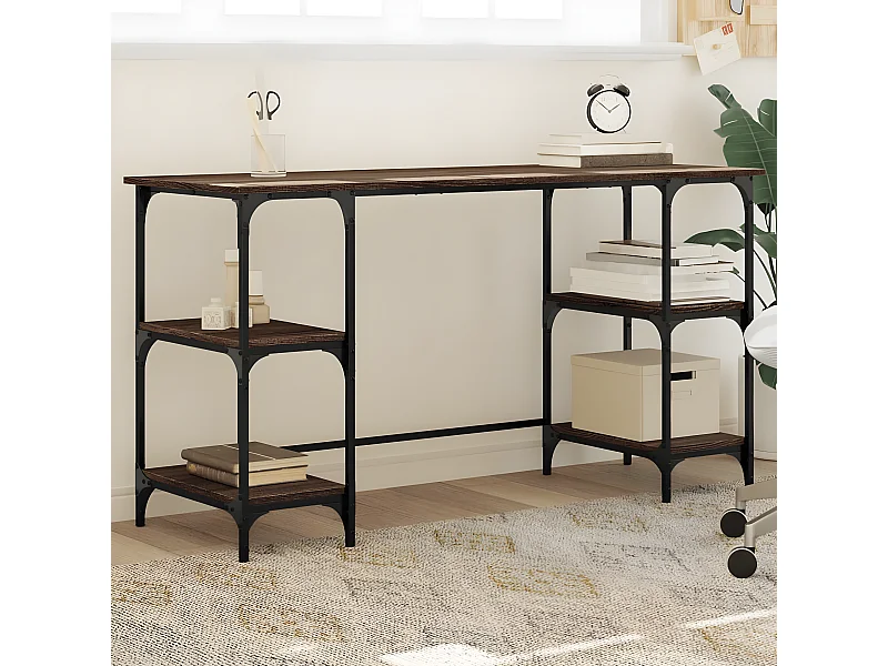 Bureau chêne marron 140x50x75 cm métal et bois d'ingénierie