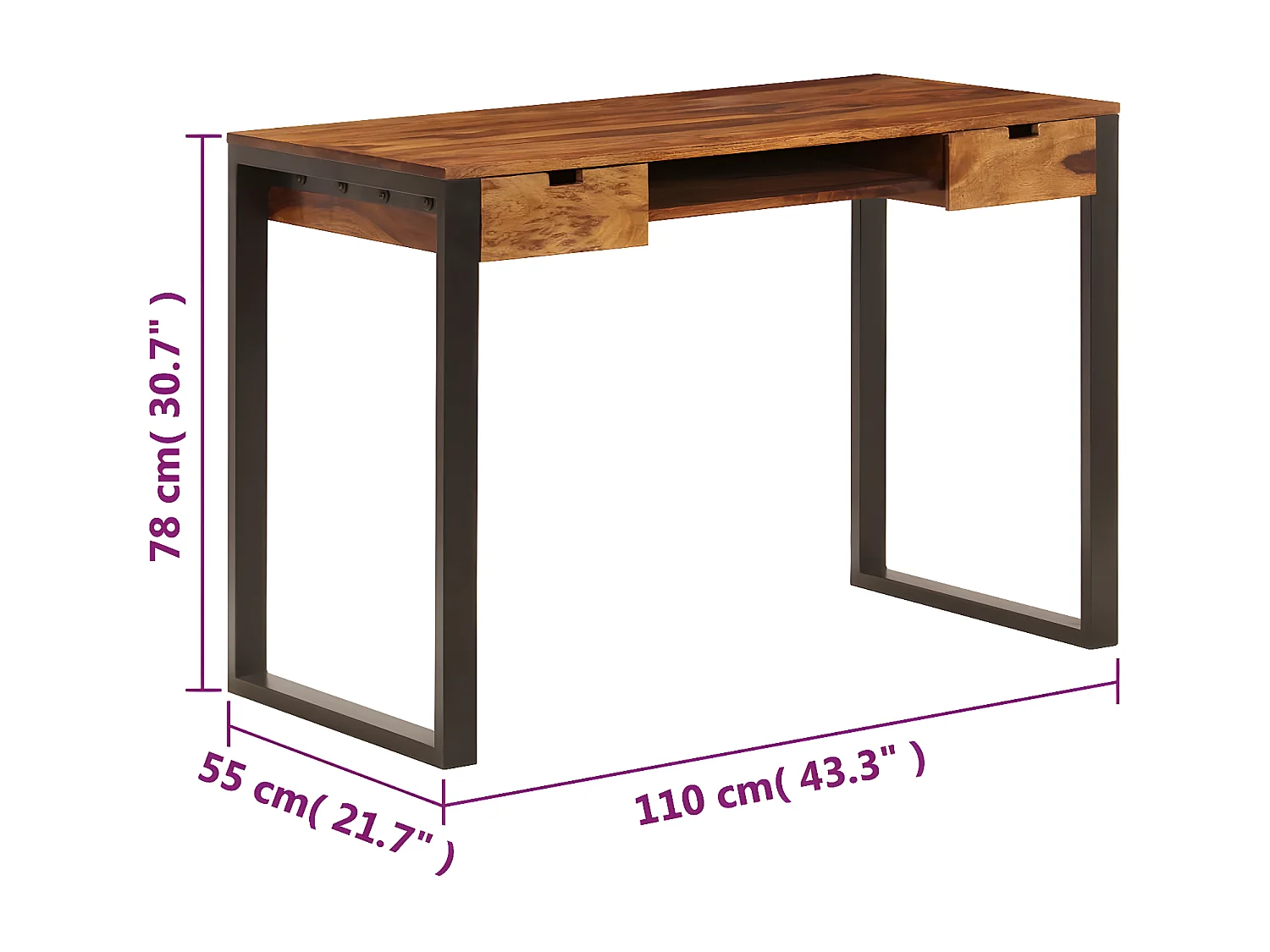 Bureau 110x55x78 cm Bois solide de Sesham Acier