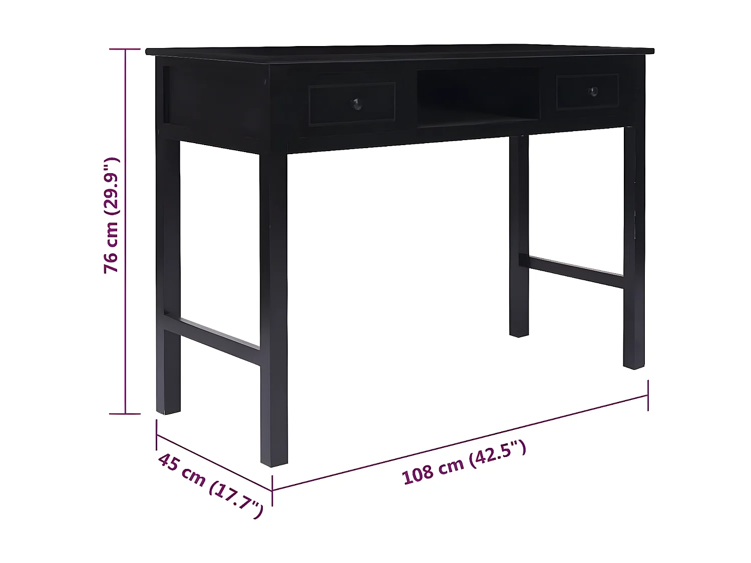 Bureau Noir 108x45x76 cm Bois de Paulownia massif