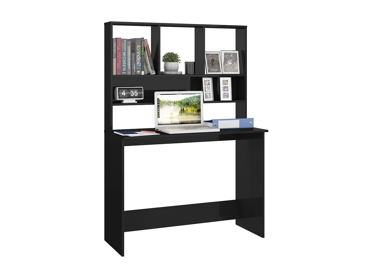 Escritorio con estantes contrachapada negro brillo 110x45x157cm