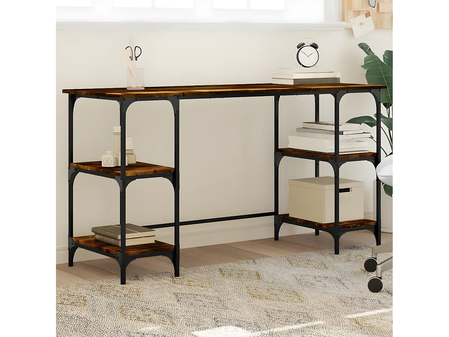 Bureau chêne fumé 140x50x75 cm métal et bois d'ingénierie