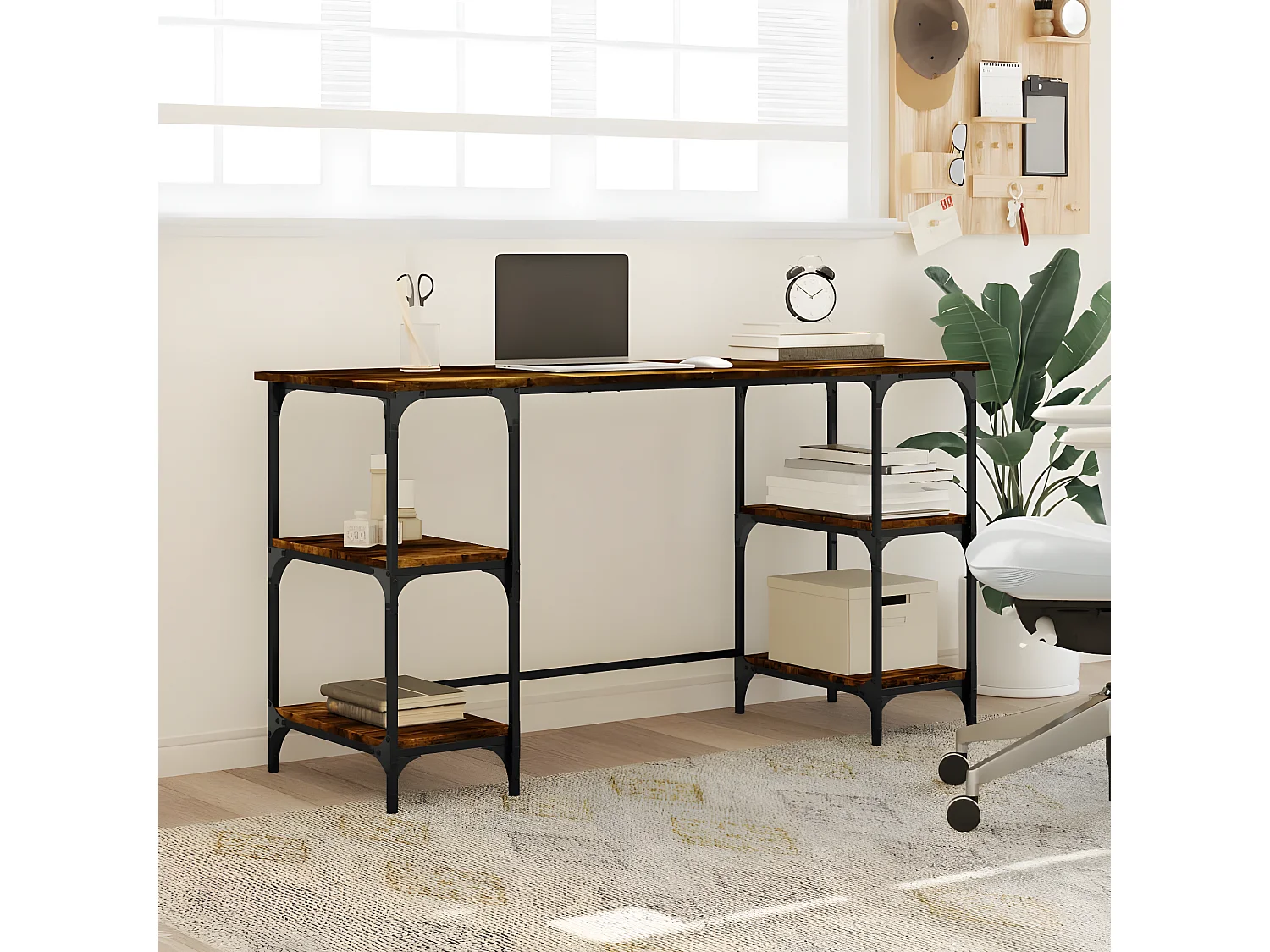 Bureau chêne fumé 140x50x75 cm métal et bois d'ingénierie