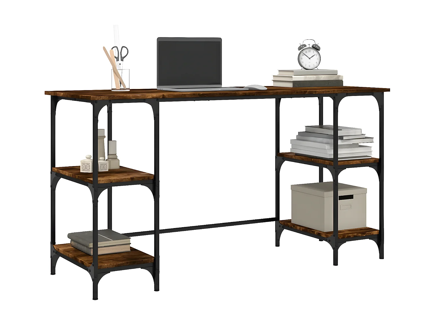 Bureau chêne fumé 140x50x75 cm métal et bois d'ingénierie