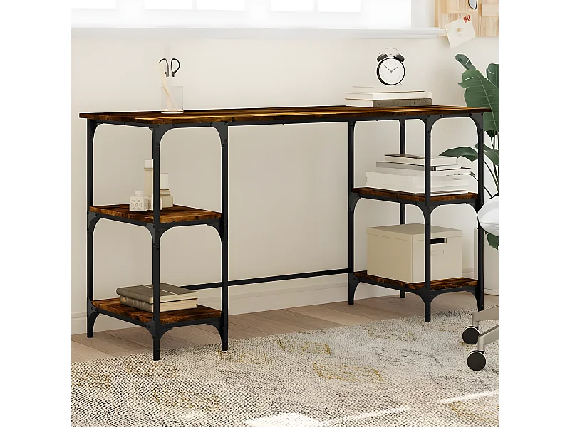 Bureau chêne fumé 140x50x75 cm métal et bois d'ingénierie