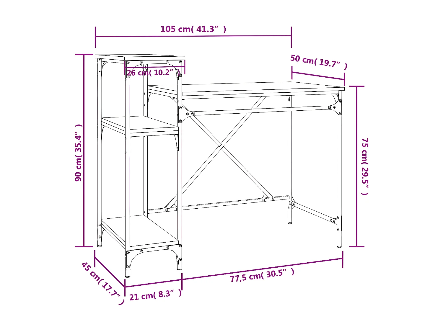 Bureau avec étagères noir 105x50x90 cm bois d'ingénierie et fer