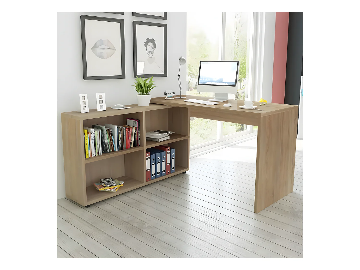 Bureau d'angle 4 étagères chêne
