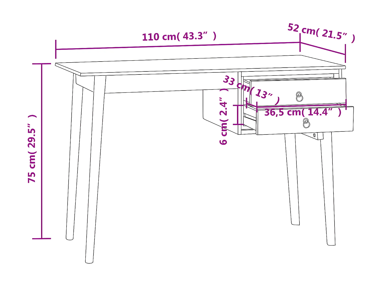 Bureau avec 2 tiroirs 110x52x75 cm Bois de teck solide