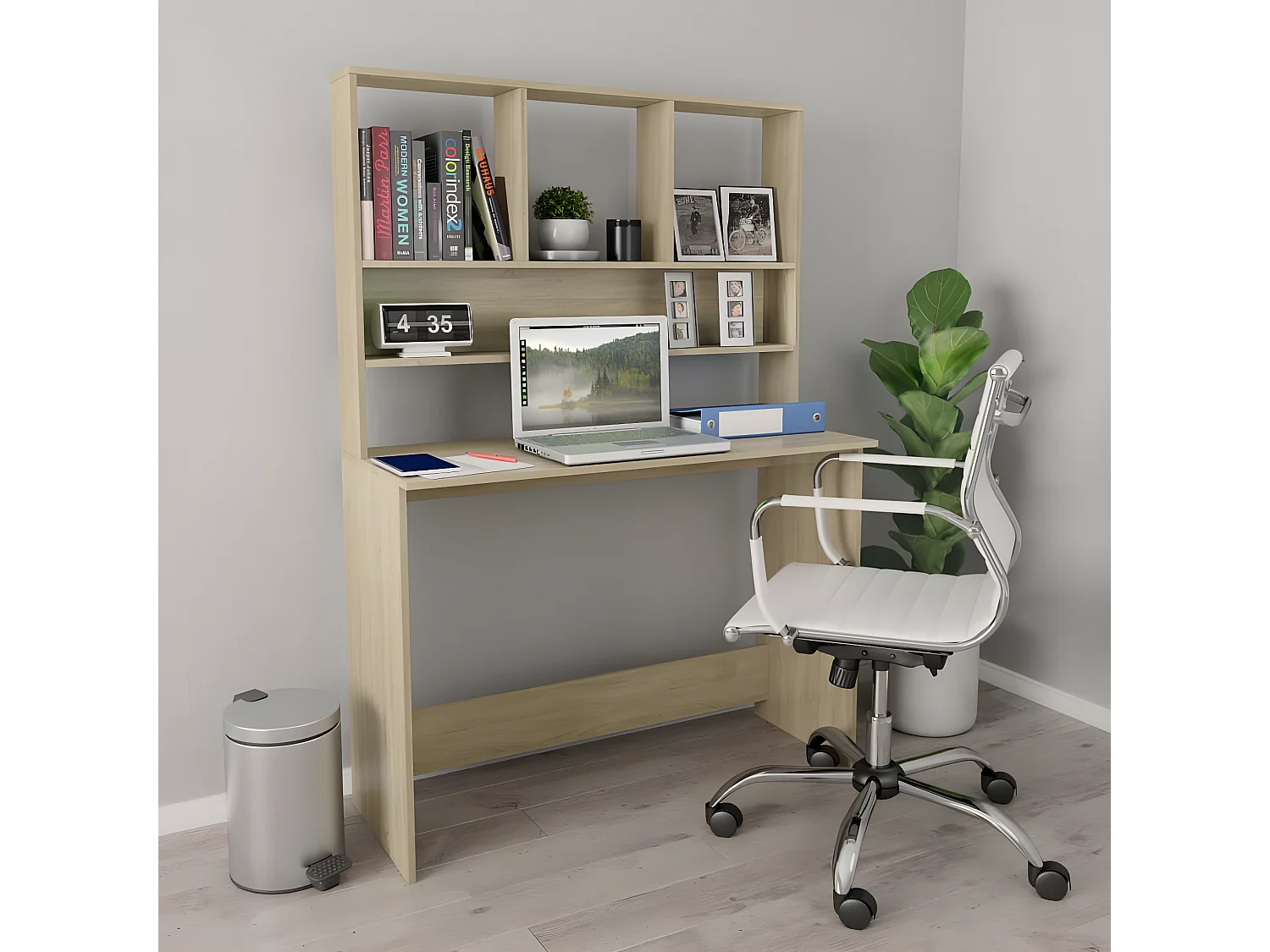 Escritorio con estantes contrachapada color roble 110x45x157 cm