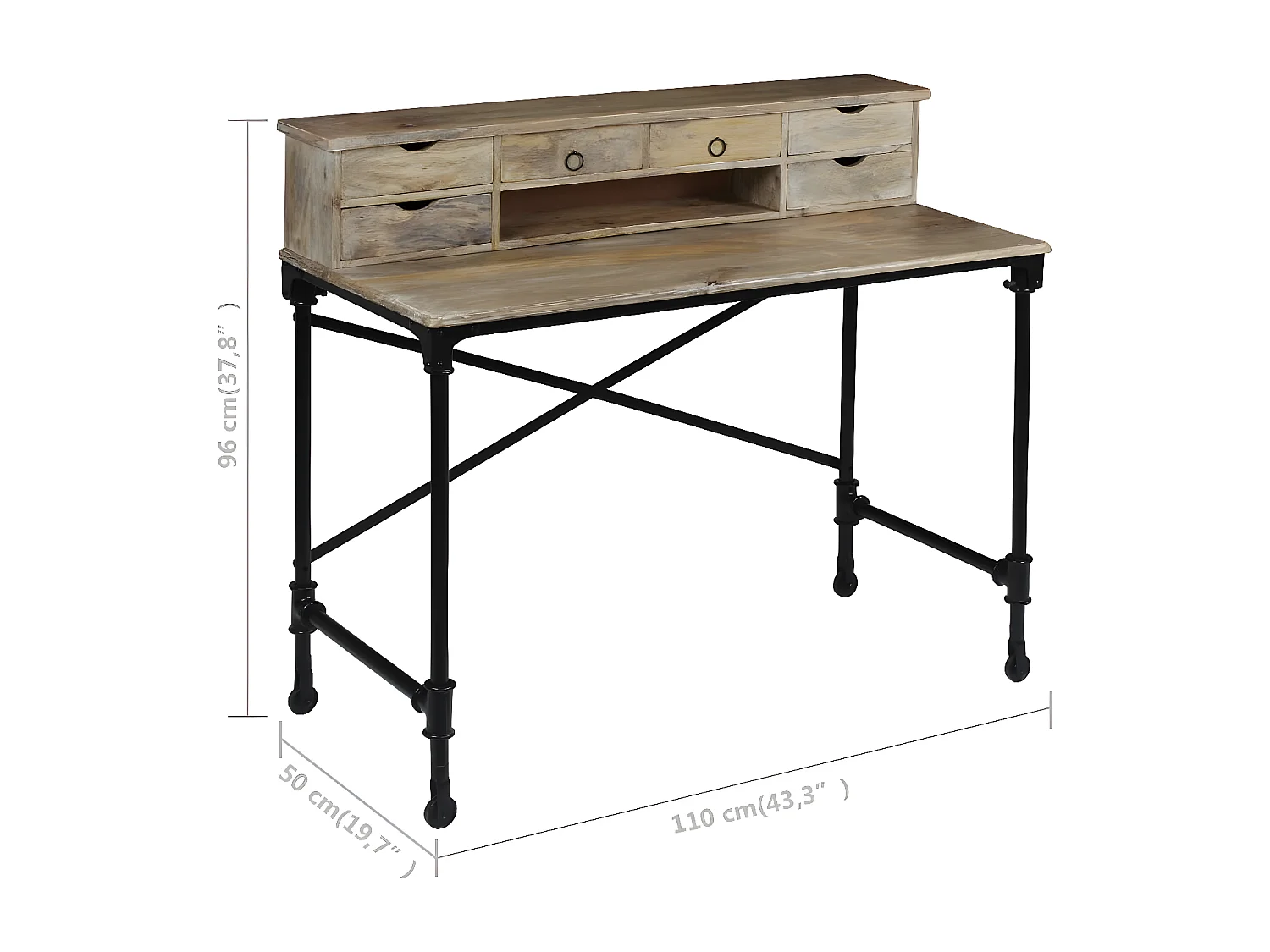 Schrijftafel 110x50x96 cm massief mangohout en staal