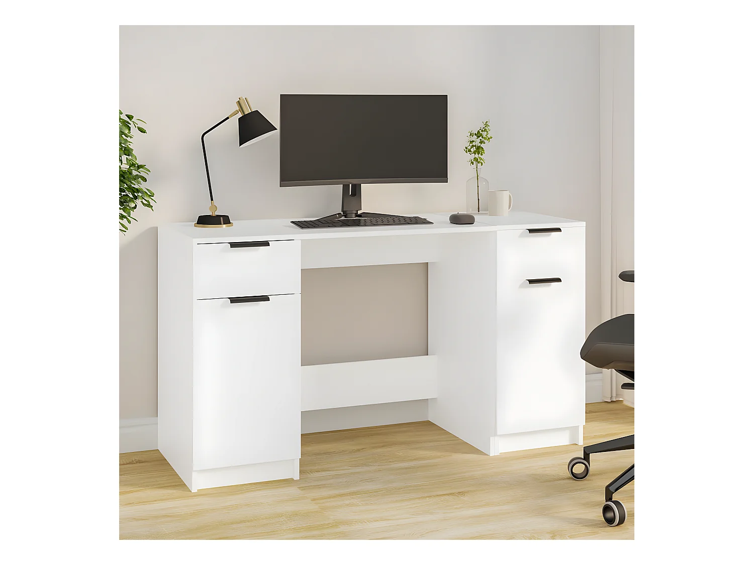 Bureau avec armoire latérale Blanc Bois d'ingénierie