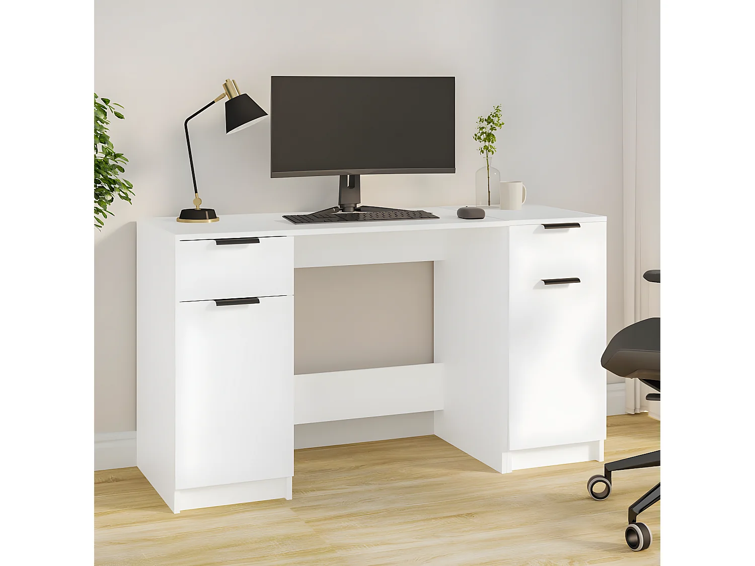 Bureau avec armoire latérale Blanc Bois d'ingénierie