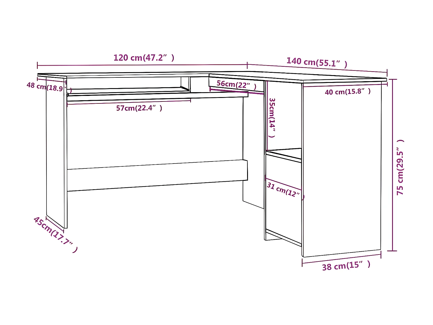 Escritorio forma de L contrachapada negro brillo 120x140x75 cm