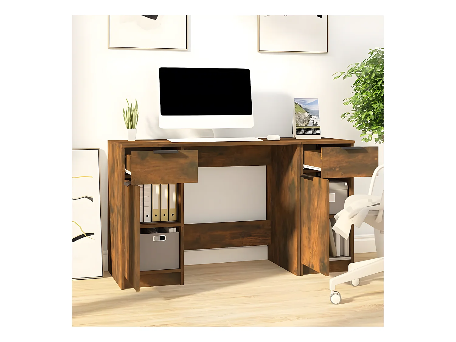 Bureau avec armoire latérale Chêne fumé Bois d'ingénierie