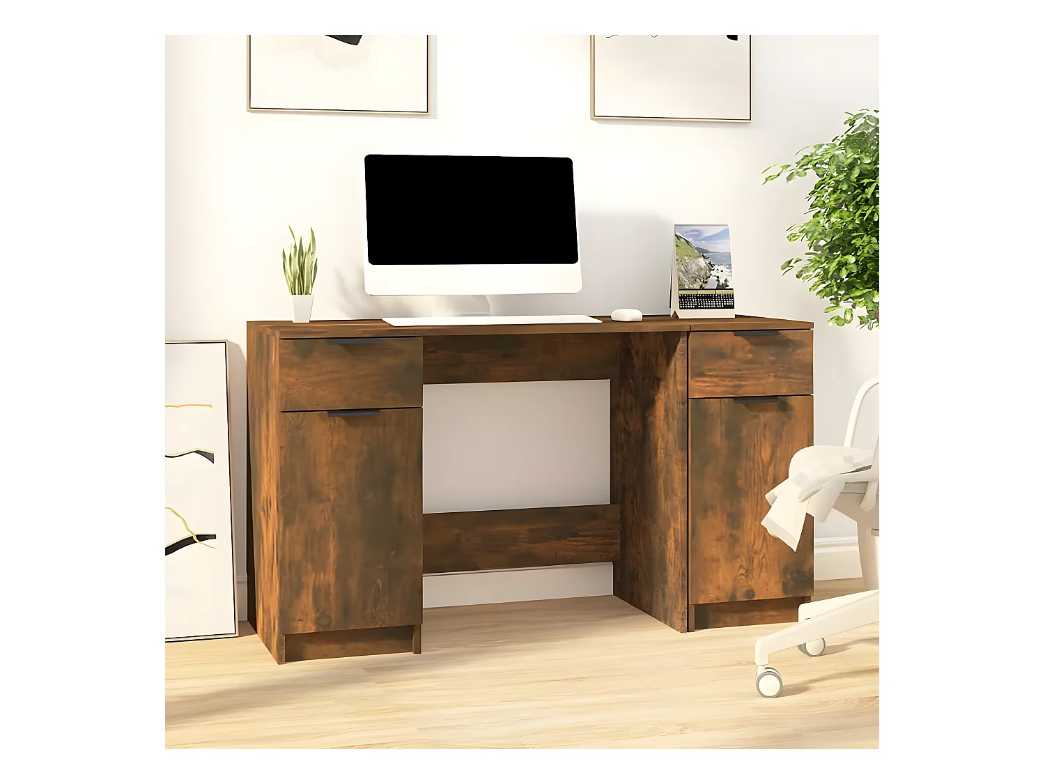 Bureau avec armoire latérale Chêne fumé Bois d'ingénierie