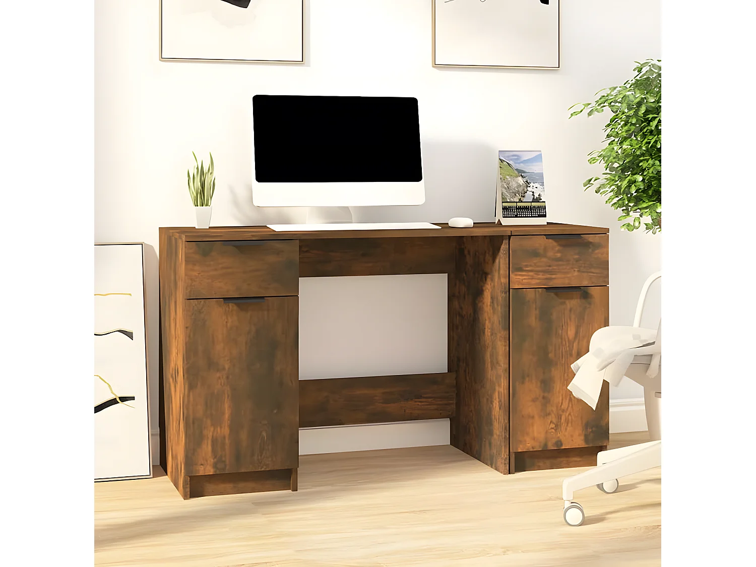 Bureau avec armoire latérale Chêne fumé Bois d'ingénierie