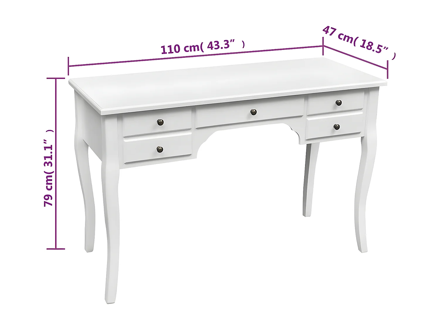 Bureau français en bois avec pieds courbés et 5 tiroirs