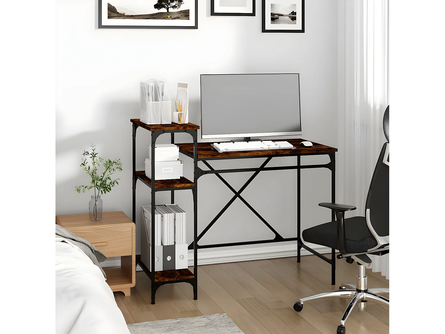 Bureau avec étagères chêne 105x50x90 cmbois d'ingénierie et fer