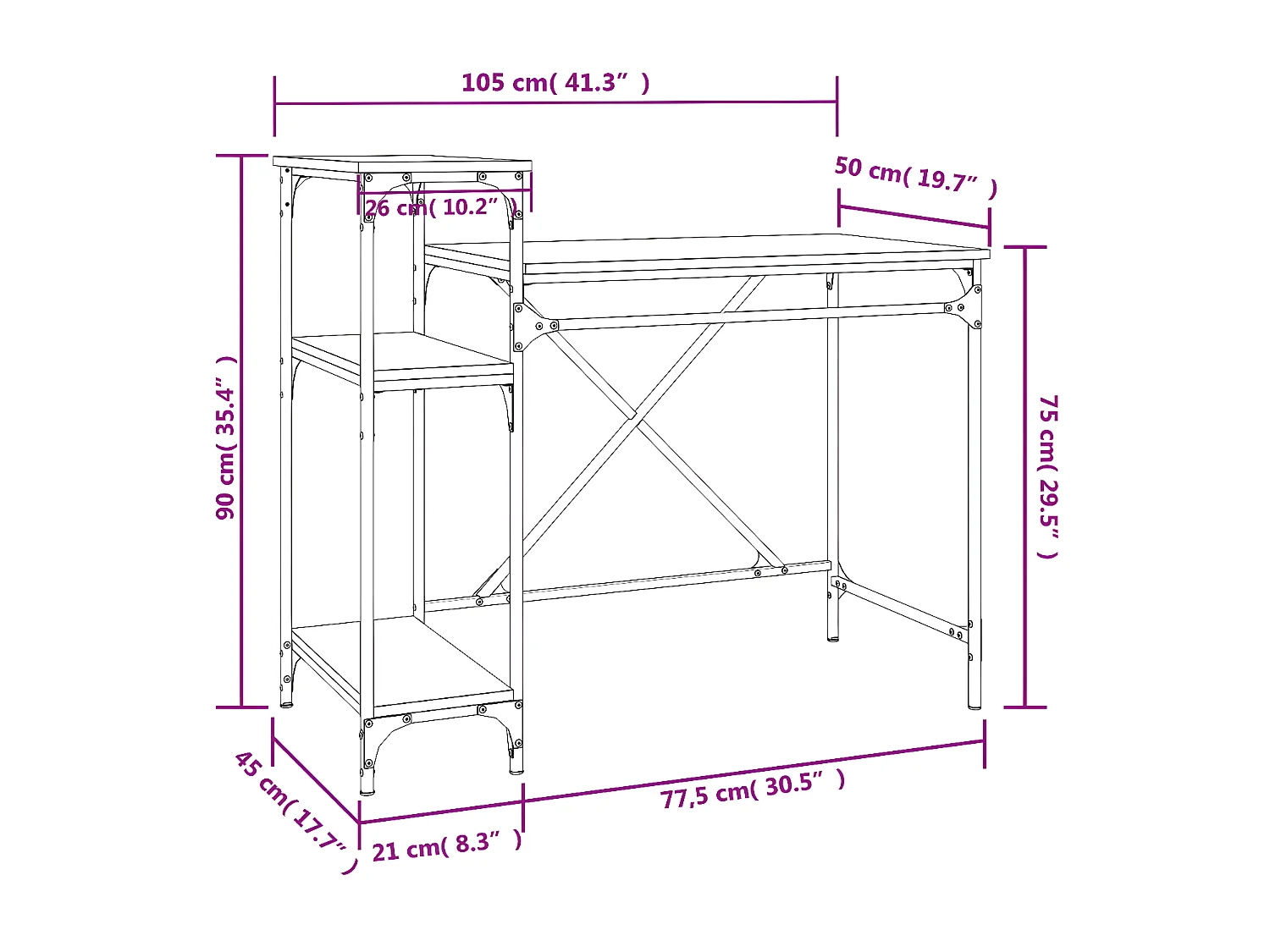 Bureau avec étagères chêne 105x50x90 cmbois d'ingénierie et fer