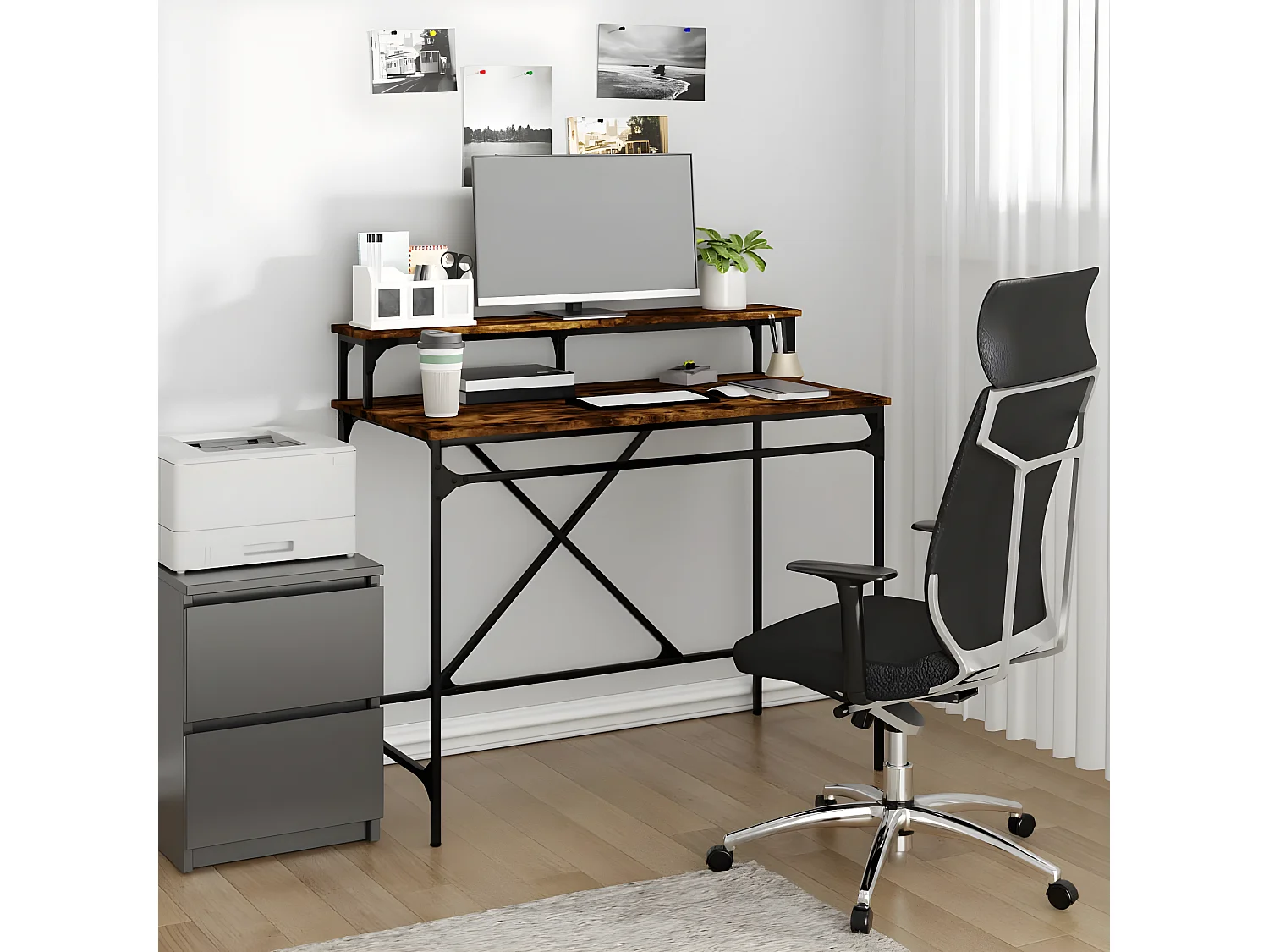 Bureau chêne fumé 100x50x90 cm bois d'ingénierie et fer