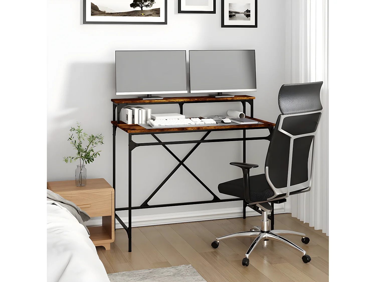 Bureau chêne fumé 100x50x90 cm bois d'ingénierie et fer