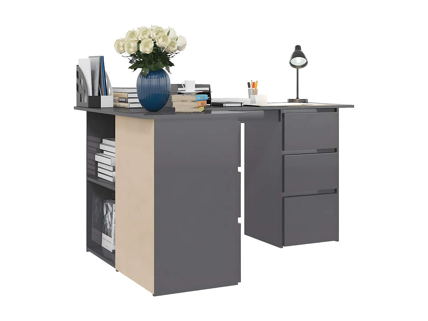 Bureau d'angle Gris brillant 145x100x76 cm Aggloméré