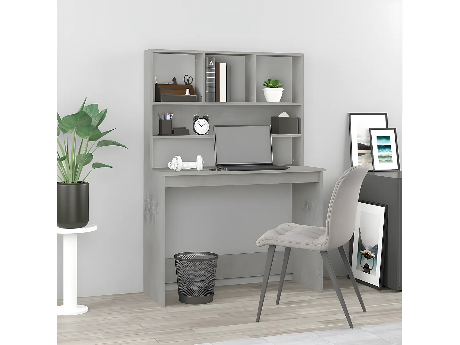 Bureau avec étagères Gris béton 102x45x148 cm Bois d'ingénierie