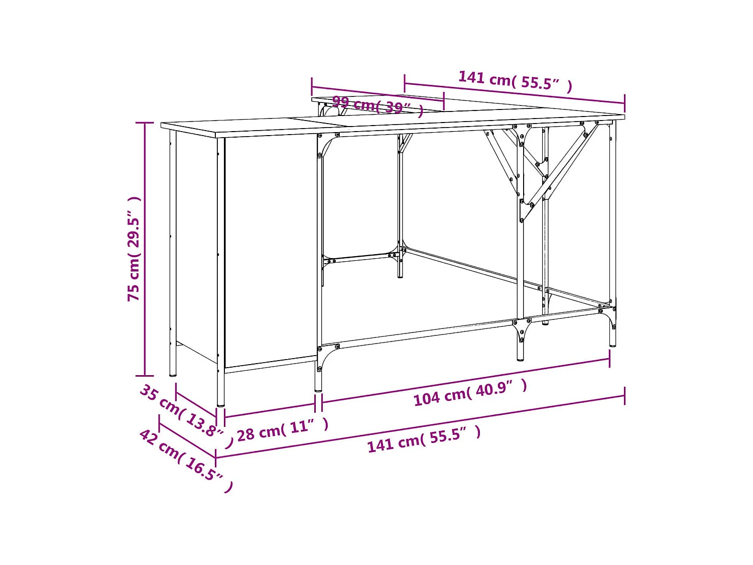 Bureau sonoma gris 141x141x75 cm bois d'ingénierie