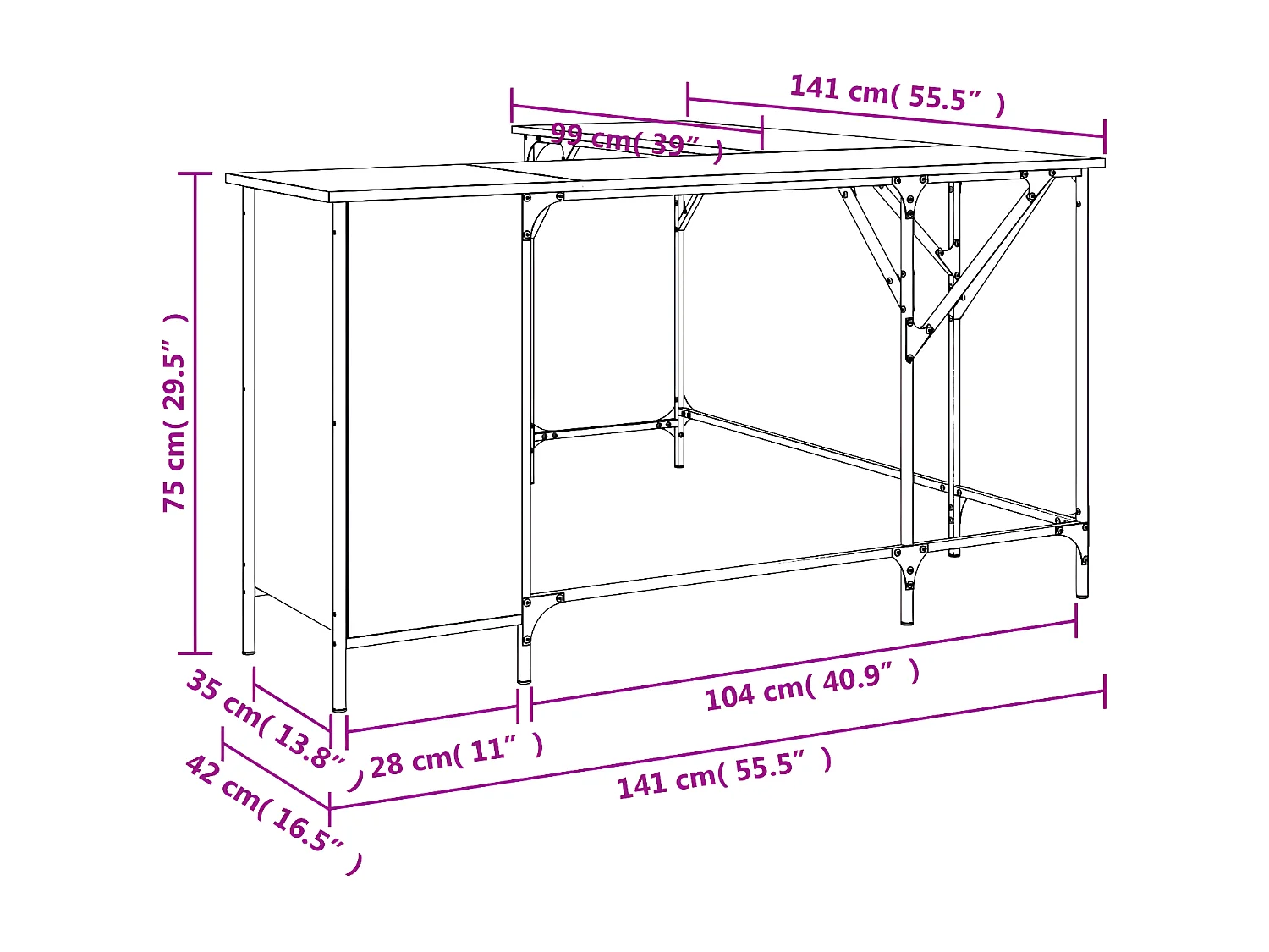 Bureau sonoma gris 141x141x75 cm bois d'ingénierie