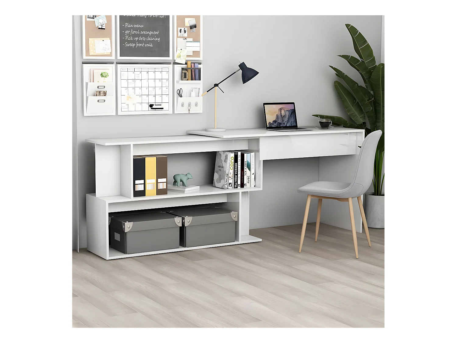 Bureau d'angle Blanc brillant 200x50x76 cm Aggloméré