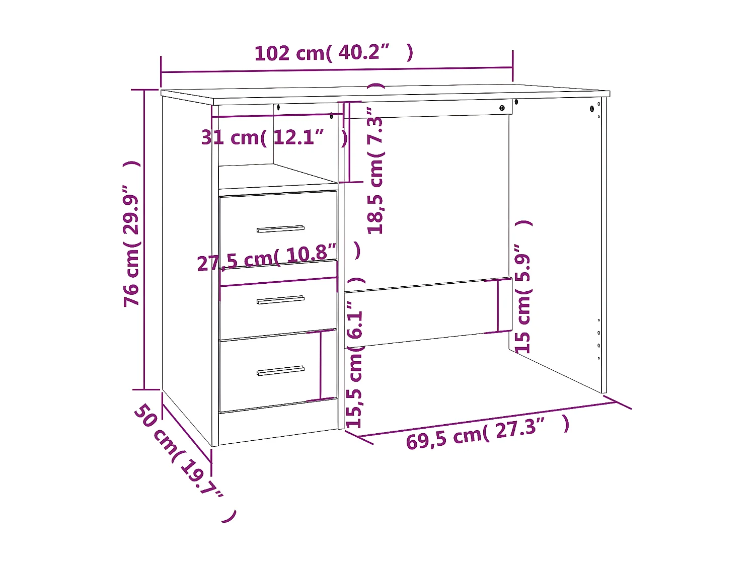 Bureau avec tiroirs Blanc 102x50x76 cm Bois d'ingénierie