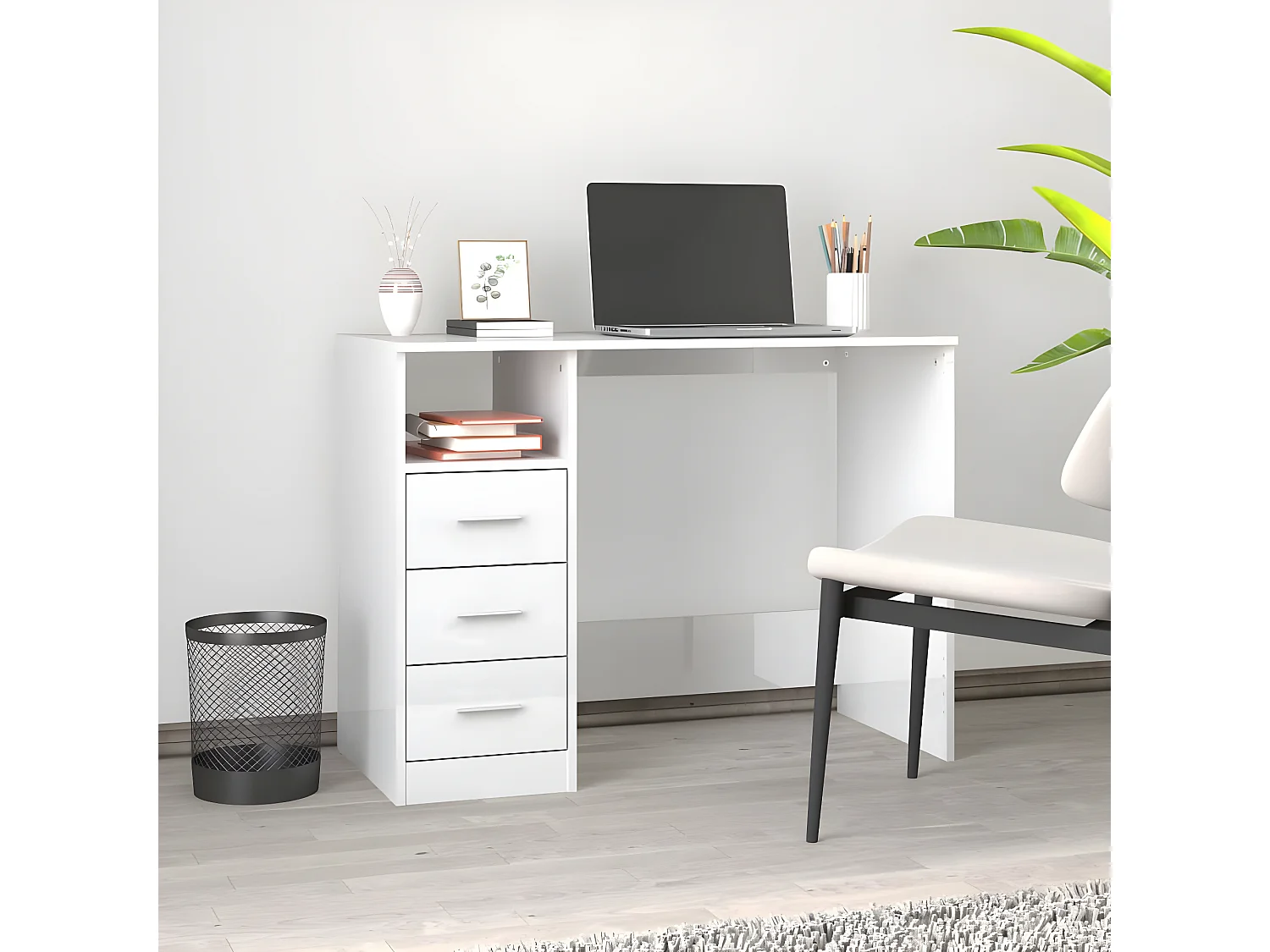 Bureau et tiroirs Blanc brillant 102x50x76 cm Bois d'ingénierie