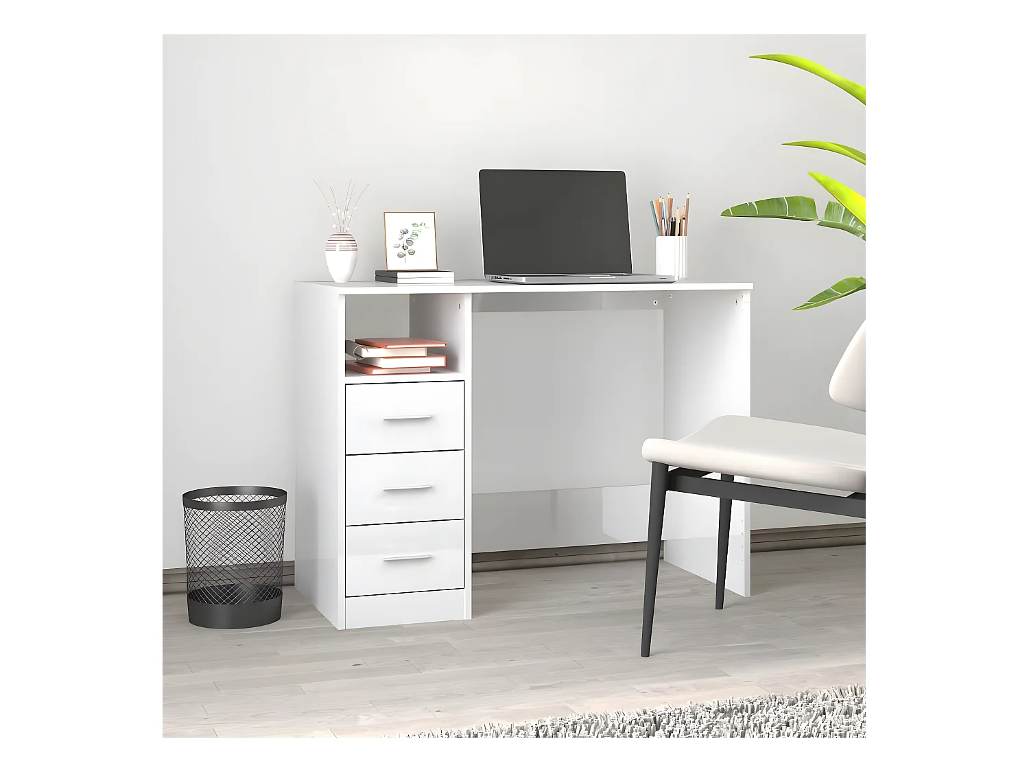 Bureau et tiroirs Blanc brillant 102x50x76 cm Bois d'ingénierie